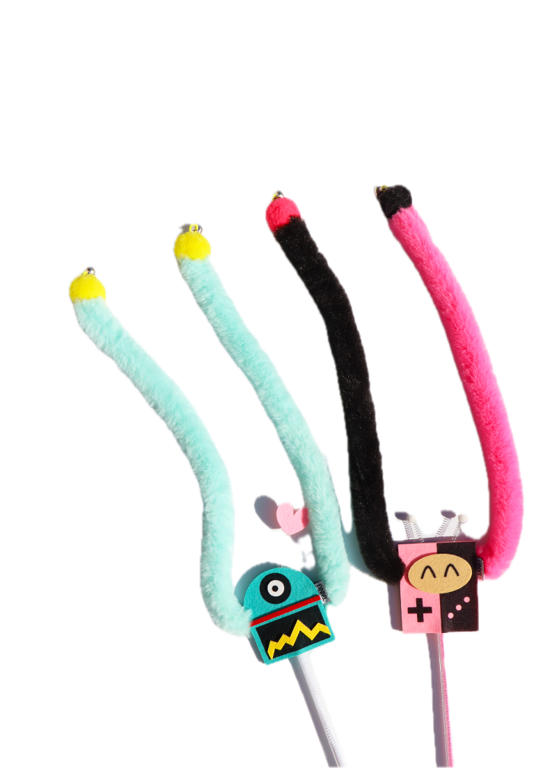 2 Set  Elassy Handmade RoboWhisk Organic Rabbit Fur Teaser Wand Cat Toy with Plush Tails, Bells, & Heart Topper