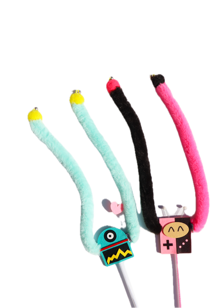 2 Set  Elassy Handmade RoboWhisk Organic Rabbit Fur Teaser Wand Cat Toy with Plush Tails, Bells, & Heart Topper