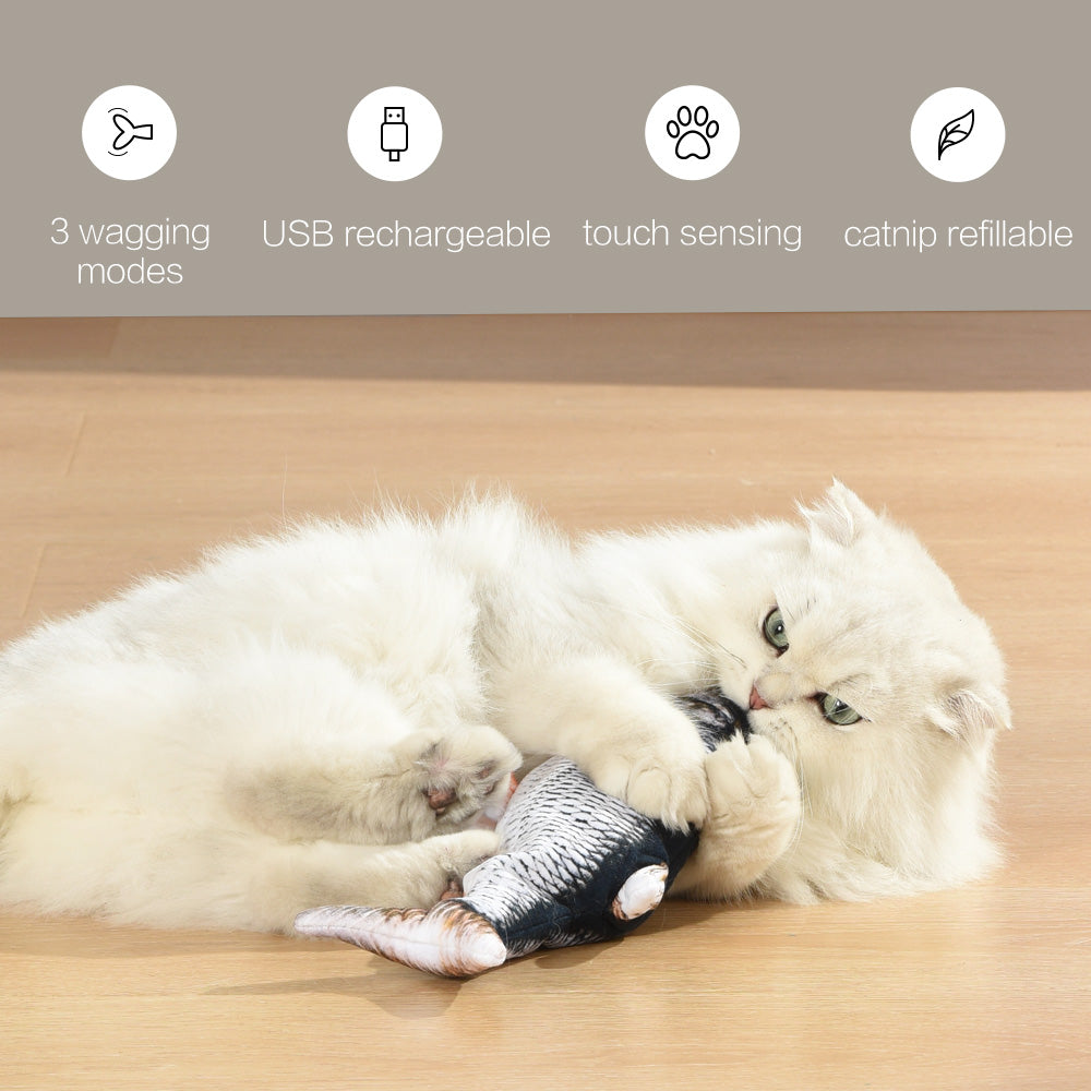 EYS Motion-Activated Dancing Fish Cat Toy (Crucian/Clownfish/Mackerel) – Floppy Interactive Plush with Catnip Pouch, USB Rechargeable, Removable Washable Cover