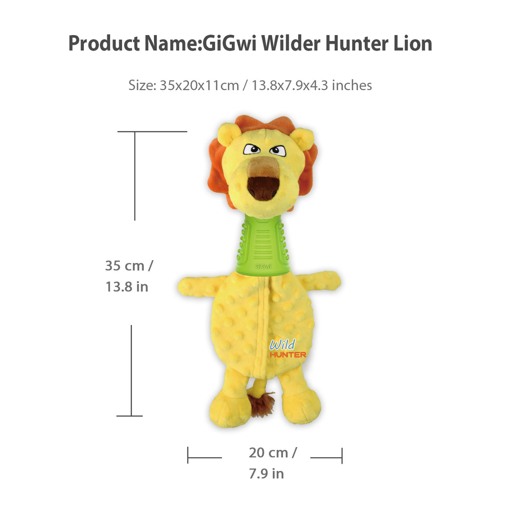 EYS GiGwi Wilder Hunter Lion Dog Toy – Interactive Plush with Treat Hiding, Squeaker, and Dental Rubber Neck for Medium to Large Dogs