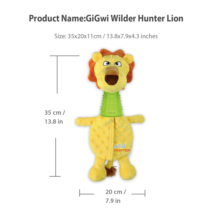 EYS GiGwi Wilder Hunter Lion Dog Toy – Interactive Plush with Treat Hiding, Squeaker, and Dental Rubber Neck for Medium to Large Dogs