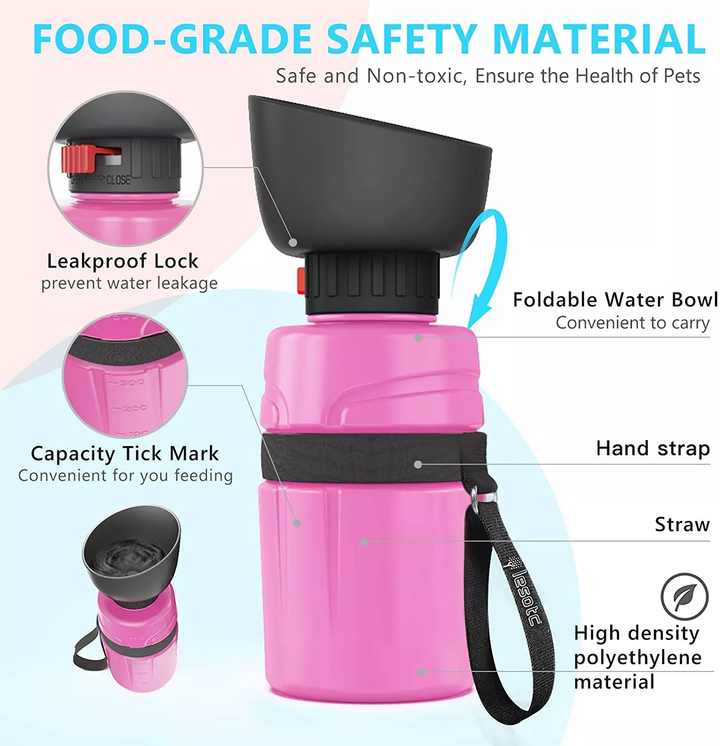 EYS Leak-Proof Foldable Dog Water Bottle with Built-In Bowl – Portable Pet Hydration Solution, Food-Grade Material, 20 oz Capacity, Hand Strap Included