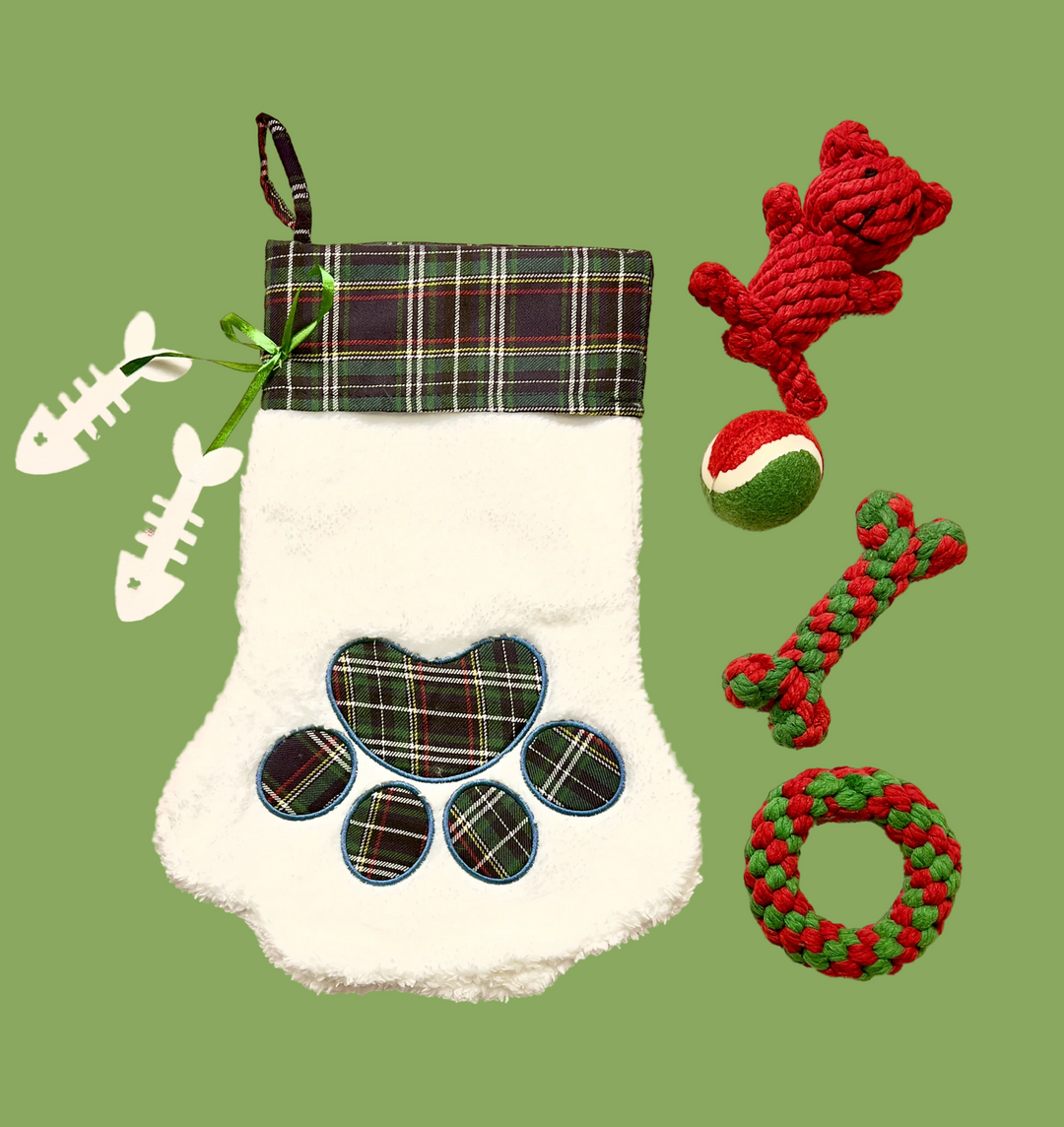 Elassy Christmas Stocking Gift Set for Pets, Large (8” Diameter, 18” Long), Includes Plush Toys, Durable Rope Chews, and More, Hanging Stocking Decoration