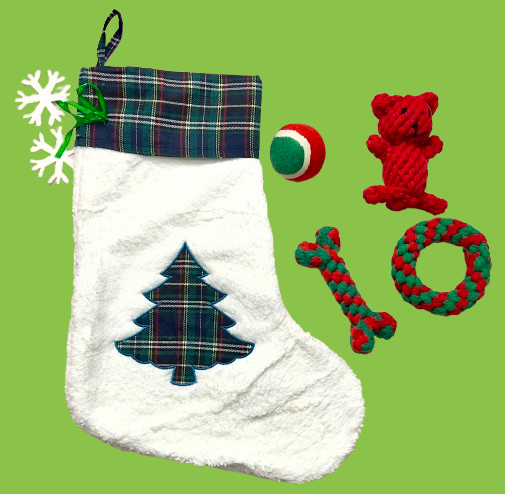 Elassy Christmas Stocking Gift Set for Pets, Large (8” Diameter, 18” Long), Includes Plush Toys, Durable Rope Chews, and More, Hanging Stocking Decoration