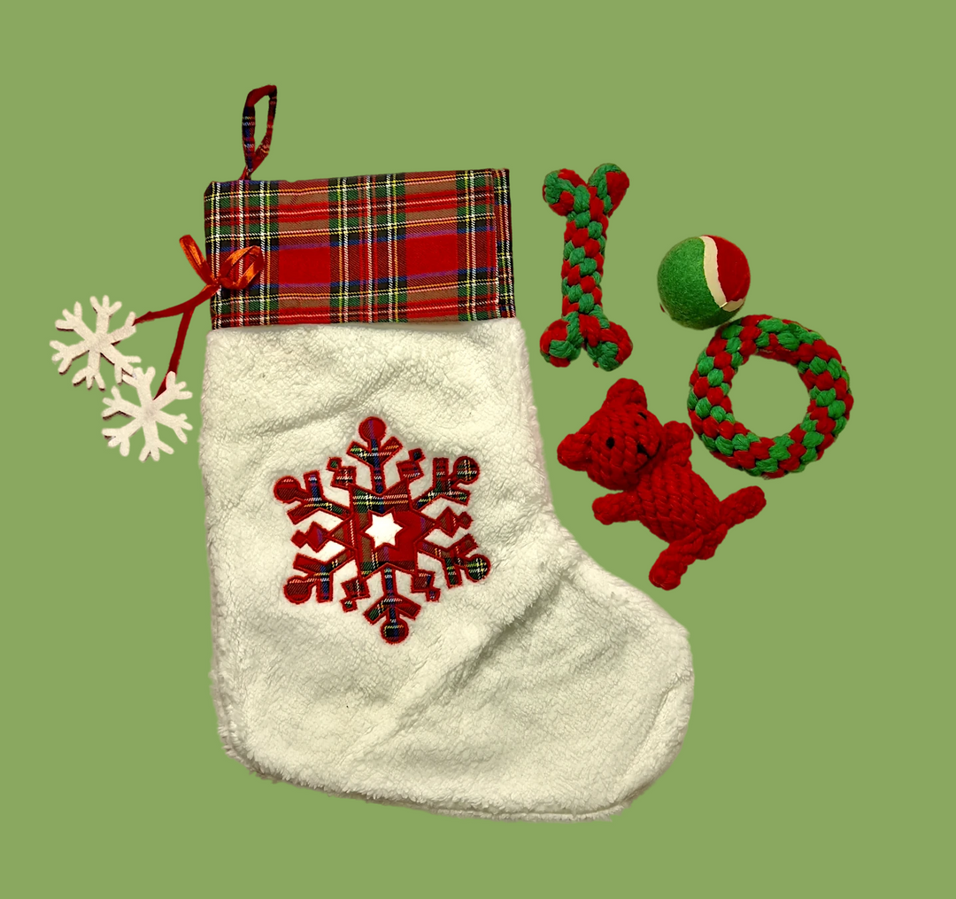 Elassy Christmas Stocking Gift Set for Pets, Large (8” Diameter, 18” Long), Includes Plush Toys, Durable Rope Chews, and More, Hanging Stocking Decoration