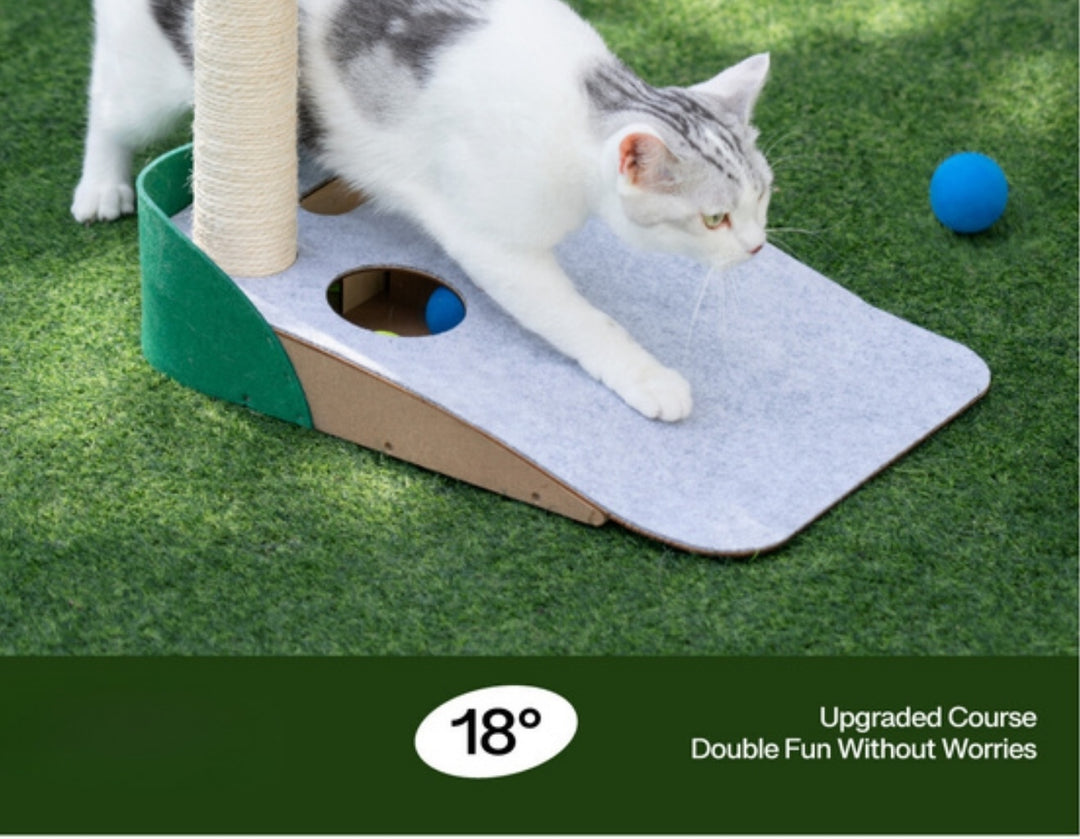 Elassy Golf Themed Putting Green Cat Tree with Scratching Post, 18 Degree Slope, 3 Colorful Balls & Hole in ONE Game, Fun Golf Gifts