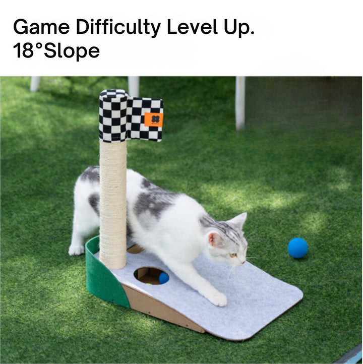 Elassy Golf Themed Putting Green Cat Tree with Scratching Post, 18 Degree Slope, 3 Colorful Balls & Hole in ONE Game, Fun Golf Gifts