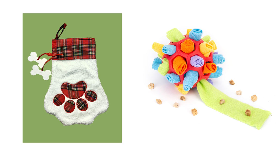 Elassy Christmas Stocking Gift Set for Pets, Large (8” Diameter, 18” Long), Includes Plush Toys, Durable Rope Chews, and More, Hanging Stocking Decoration